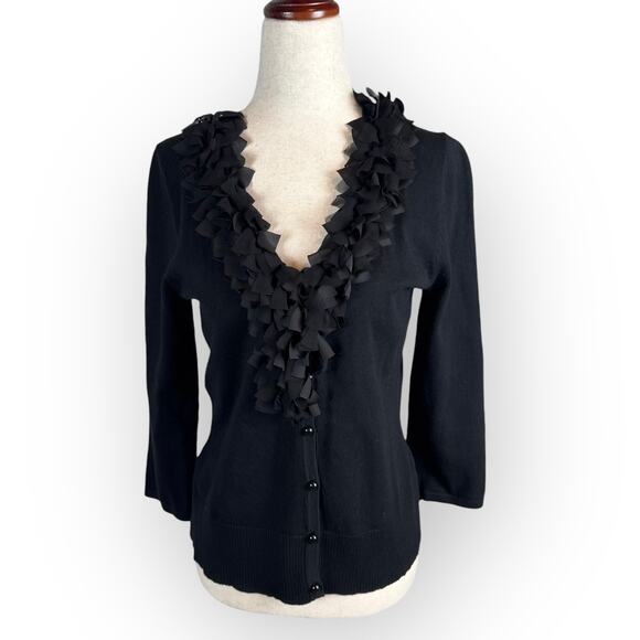 Black Button Down V-Neck Cardigan with Ruffles Small - Picture 1 of 7